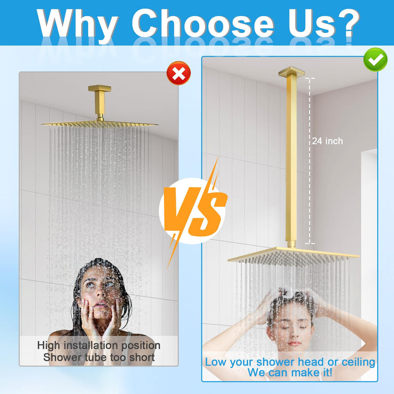 Shower Arm with Flange 24 Inches Ceiling Mount Square Straight Extender Extension Pipe Replacement, Extra Long Shower Arm For Fixed Rain Shower Head or High Ceiling,Brushed Gold 24inch Brushed Gold