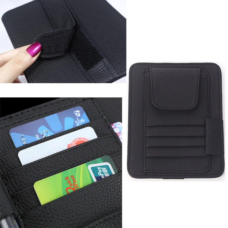 Small Leather Car Sun Visor Organizer for Car Truck, Sunglass Holder, Car Card Sleeve Pocket Organizer, Car Visor Document Holder, Car Registration and Drving License, Invoices, Pen, Chapstick Black, Classic Style