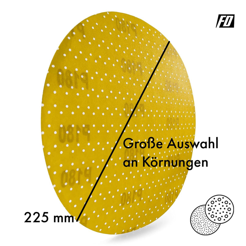 Professional sanding discs │ yellow │ 25 pieces │ Ø 225 mm │ 5 x grain 60/80/120/180/220 each │ for long-neck sanders │ self-adhesive │ sanding sheets │ sandpaper │ sanding pads │ by FD-Workstuff
