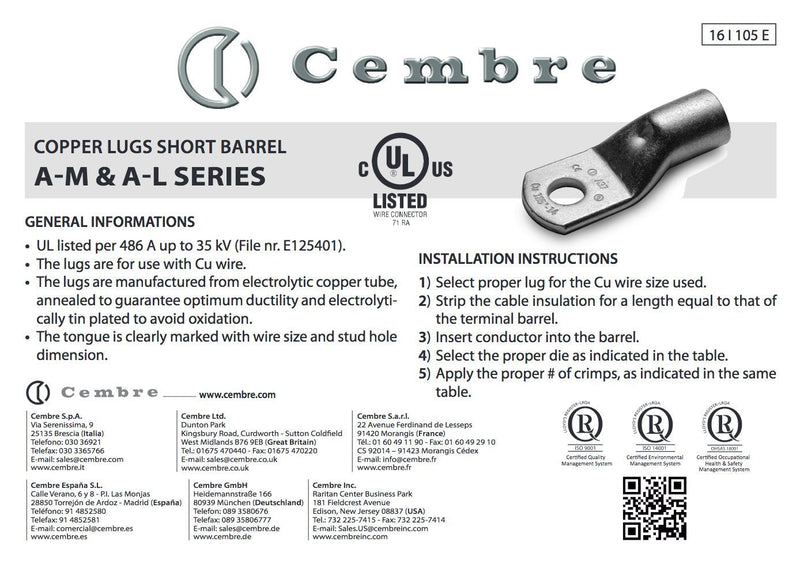 Pack of 10 Cembre A14-M8 tubular cable lugs 70mm² M8 uninsulated made of tin-plated copper