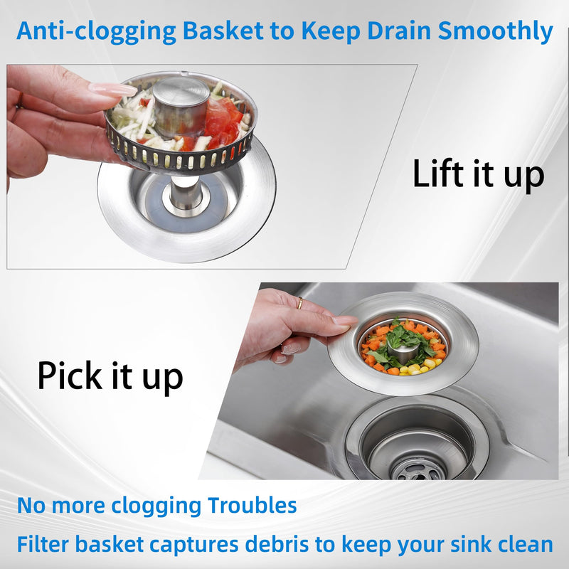 3 in 1 Kitchen Sink Drain Strainer,Pop up Sink Stopper Kitchen Drain, Anti-Clogging Strainer Basket Odor Prevention Plug Stopper for US Standard 3-1/2” Drain (Silver-2pcs) Silver-2pcs