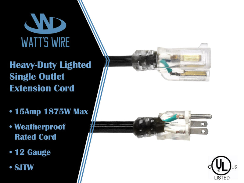 10 ft Outdoor Extension Cord Waterproof - 12 Gauge Heavy Duty Extension Cord 10 ft - Lighted Outdoor Extension Cords - Watts Wire - 10' Grounded Black
