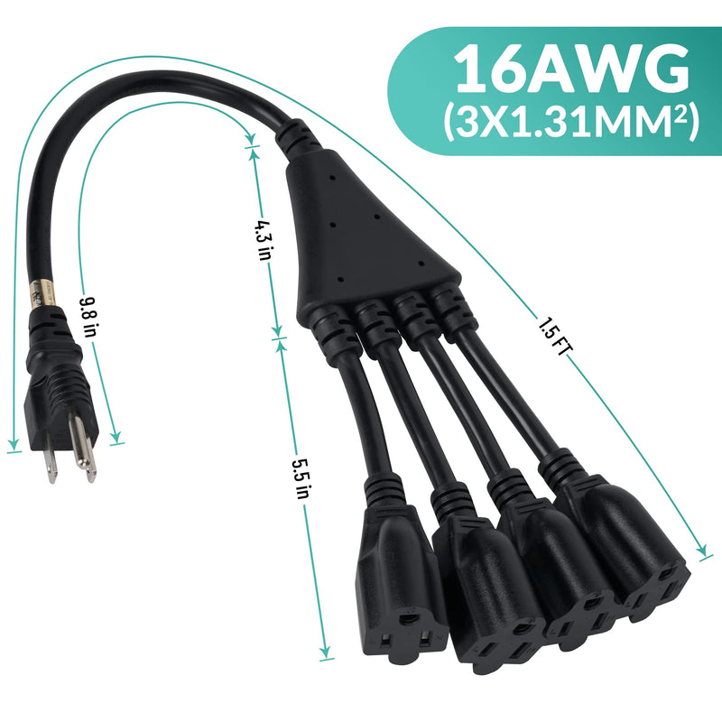 4 Way Power Cord Splitter Cable (3 Pack)-3 Prong 1 to 4 Extension Cord-Outlet Saver-Elecan Male to Female Y Splitter Power Extension Cable Strip–UL Certified SJTW 16 Gauge 13 A/125 V–1.5 Feet Black 3 PACK 1.5 FT