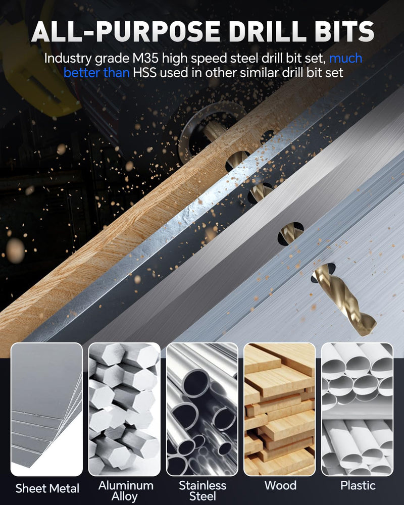 COMOWARE M35 Cobalt Drill Bit Set for Hardened Metal and Stainless Steel, 99Pcs Tri-Flat Shanks High Speed Steel Twist Jobber Metal Drill Bits 1/16"-3/8", with Plastic Index Storage Case