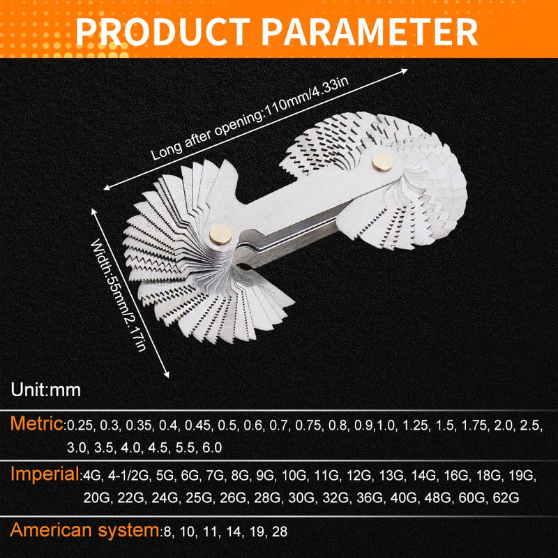 ChgImposs 2PCS Metric & Imperial & US Screw Gauge SAE Whitworth 55 Degree & Metric 60 Degree & & US 60 Degree Thread Pitch Gauge for Industrial Measurement 2