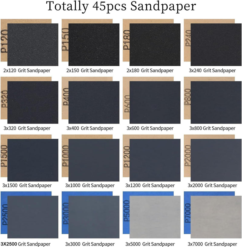 Tomoyuki Wet Sandpaper 120-7000 Grit Sandpaper Set 45 Pieces | Emery Paper for Polishing and Sanding for Car, Wood Furniture, Stone, Paint, Metal, Glass - 9 x 3.9 Inch 120-7000 Grit 46