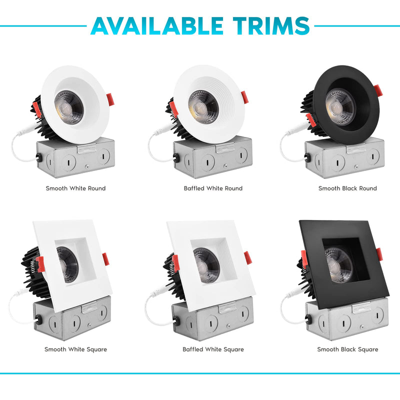 LUXRITE 4 Inch Square LED Recessed Lighting with Junction Box, 15W, 5 Color Selectable 2700K-5000K, 1100 Lumens, 40° Spotlight, Dimmable Downlight, Wet Rated, IC Rated - Baffle Trim Square Trim