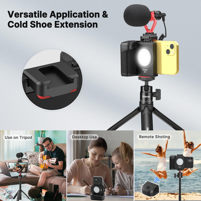CG-02 Grip Holder for Smartphone Upgraded Phone Camera Grip w Remote Shutter Handheld Tripod Mount Fill Light Handheld Photography Accessories Compatible with iPhone 17 16 15 14 Pro Max etc CG-02