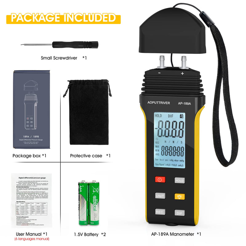 Pressure Gauge, AOPUTTRIVER AP-189A Professional Air Pressure Gauge, Dual Port Gas Pressure Gauge, Differential Pressure Gauge with 11 Selectable Units, HVAC Pressure Gauge with Data Storage AP-189A (6Psi)