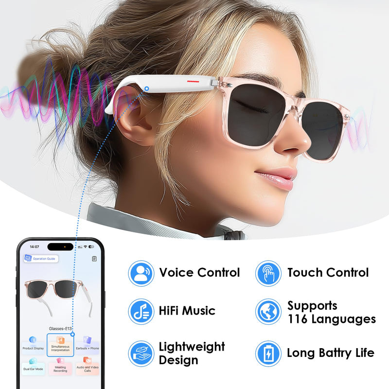 Ai Smart Sunglasses, Translation Glasses with UV400/ Bluetooth Speaker/110+Languages/Voice Control/AI Chat & Hands-Free Calling,Smart Glasses for Men/Women, Travel&Work(Pink)