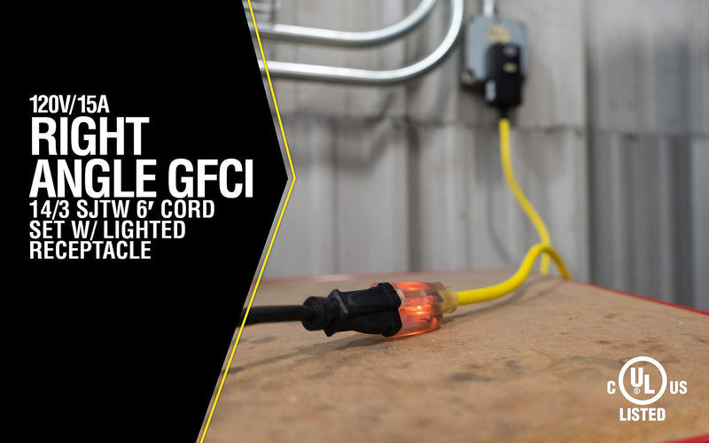 Southwire Woods Cord Ext GFCI 14/3 SJTW - Right Angle Plug - Lighted Receptacle - Durable Outdoor Extension Cord - GFCI Protected - Jobsite Safety - 6-Feet - Yellow