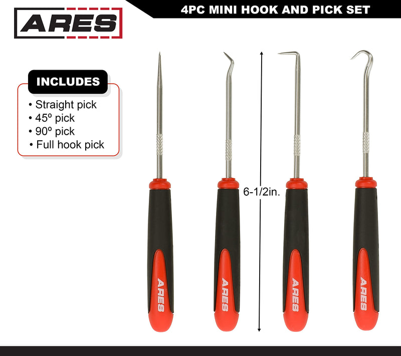 ARES 10034 – Mini Hook and Pick Set - 4-Piece Set Includes Angled, Straight, and Full Hooks and Picks - Hardened Steel Shafts - Easily Remove Hoses, O-Rings, and Gaskets 4-Piece Mini Hook/Pick Set