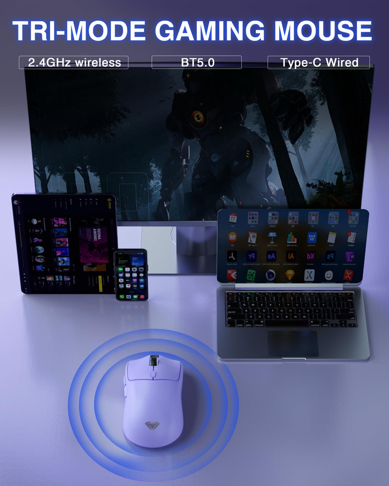 AULA SC580X Wireless Gaming Mouse, Tri-Mode 2.4G/BT5.0/USB-C Gaming Mouse, 10000 DPI Rechargeable Wireless Mouse with 6 Programmable Buttons, Ergonomic Computer Mouse for Laptop/PC/Mac/Tablet Light purple
