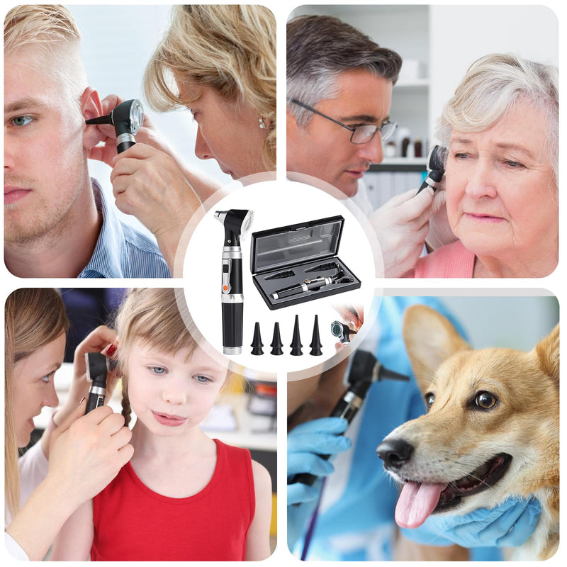 Otoscope with Light, Pocket Diagnostic Ear Infection Detector with Hard Plastic Case, 3x Magnification and 4 Speculum Tips Size, 8 Earplugs for Adults and Children and Pets (Black)