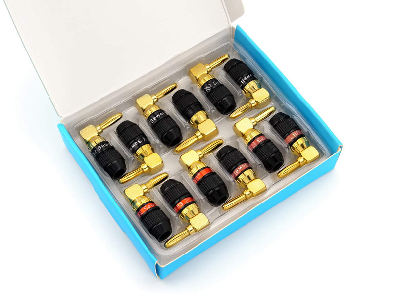 Sewell Deadbolt Right-Angle Banana Plugs, 6 Pairs Quick Connect Gold Plated Speaker Plugs 90 Degree Deadbolt Right Angle