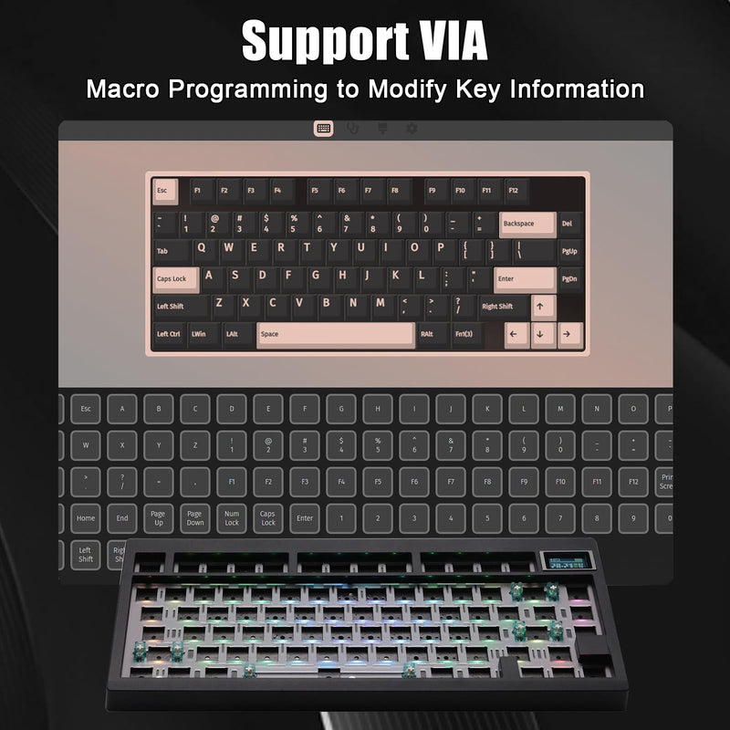 GMK81 75% Keyboard Kit,Hot Swap Bluetooth/2.4G Wireless/Type-C Tri-Mode RGB Mechanical Keyboard with TFT-LCD Screen PCB Gasket VIA Programmable Customized Barebones TKL Gaming DIY Kit (Black) Black+Display