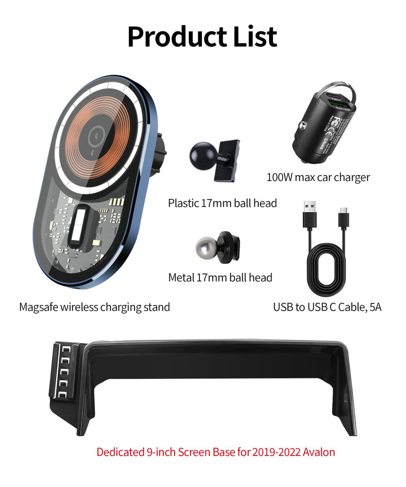 Wireless Charging car Phone Holder for Toyota Avalon 2019-2022 Accessories 9 inch Screen Fixed Clip,360° Rotation car Phone Mount Compatible with MagSafe