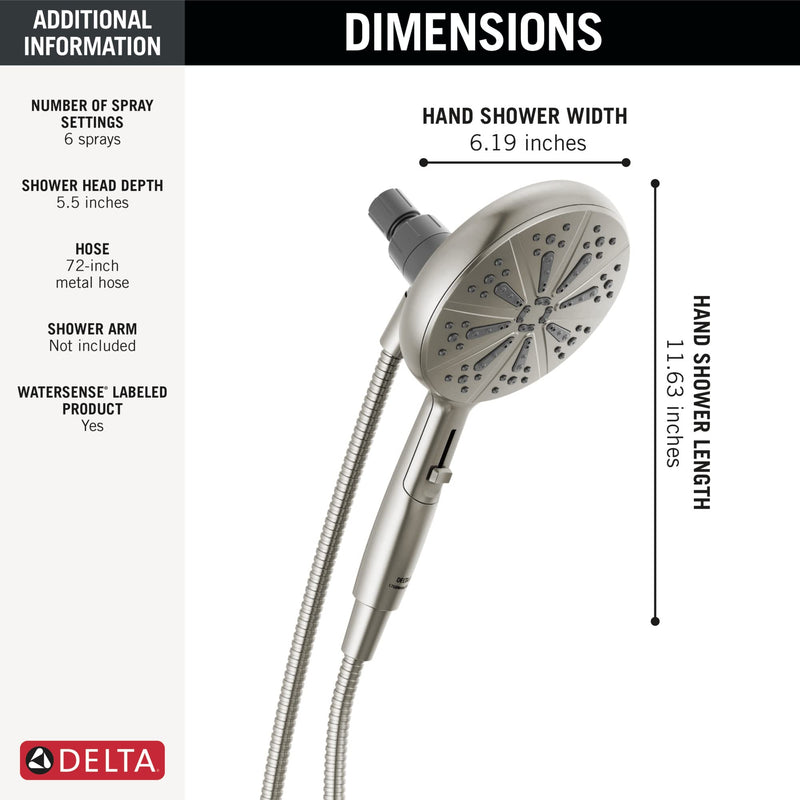 Delta Faucet 6-Spray SureDock Magnetic Shower Head with Handheld Spray, Brushed Nickel Shower Head with Hose, Showerheads & Handheld Showers, Handheld Shower Heads, Hand Shower, Stainless 75613-SN Satin Nickel