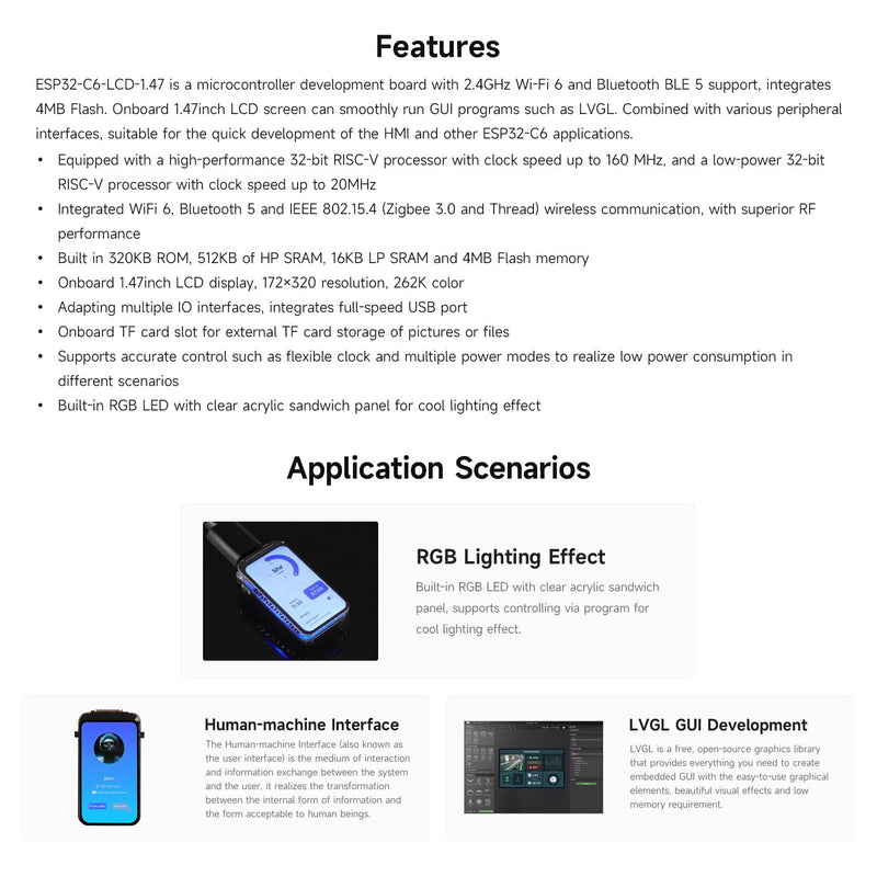 Waveshare ESP32-C6 1.47 Inch Microcontroller Wi-Fi 6 Development Board 160MHz Single-Core Processor 172 x 320 LCD Screen 262K Color with RGB BLE5 4MB Flash for LVGL GUI Development, etc