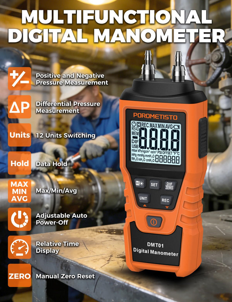 DMT01 Precision Digital Pressure Gauge, ±5 PSI / ±34.47 kPa, 12 Units, HVAC Differential Pressure Gauge, ±0.3% FS, Dual Port Gas Pressure Tester, Backlight, Data Holding, Manual Zero