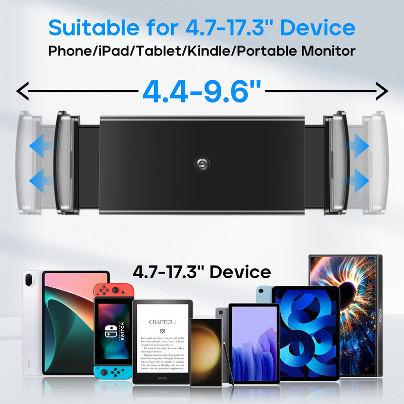 ROADOM Tablet Stand, Adjustable 360° Swivel Bracket, 180° Tiltable Clamp,Foldable Tablet Holder for 4.7-17.3'' iPhone/iPad/Tablet/Portable Monitor, Aluminum Alloy, Black