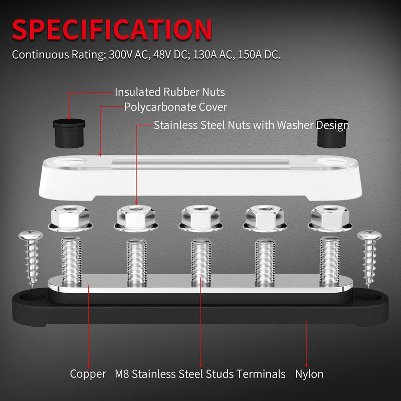 DAIERTEK 12V Bus Bar 5 x 5/16" (M8) Terminal Studs 12V Power Distribution Block with Cover Max 300V AC 48V DC Positive & Negative Battery Distribution Block for Automotive Car Boat 150A-T5M8