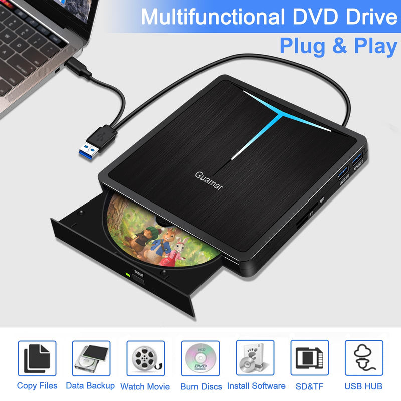 Guamar External CD/DVD Drive for Laptop, USB 3.0 USB-C DVD Player CD Burner with 2 USB Ports SD TF Slot, Portable CD DVD ROM Drive Disk Reader Writer for PC Mac MacBook Windows 11 Linux Light Black