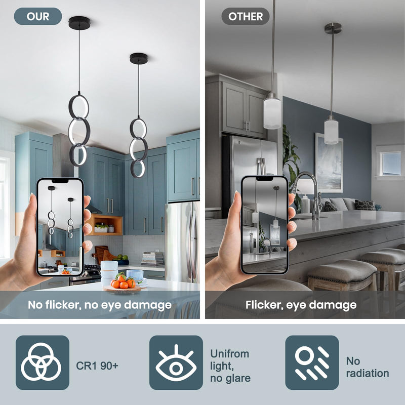6000K Modern Led Pendant Light Fixture, 18W Black Spiral Led Pendant Lamp Chandelier Hanging Lamp,Adjustable Height Pendant Lights for Kitchen Dining Room Bedroom Kitchen Island, 1 Pack Black,6000K