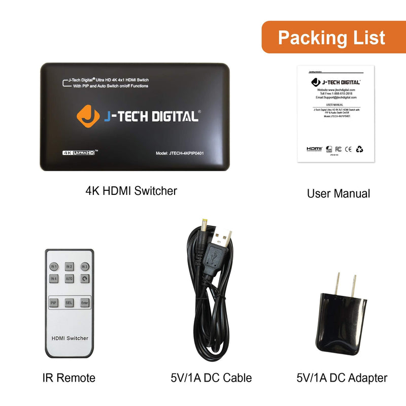 J-Tech Digital 4K@30HZ 4-Port HDMI Switch with PIP, IR, HDCP1.4 Wireless Remote Control, and Auto Switch ON/OFF Functions with Control4 Driver Available