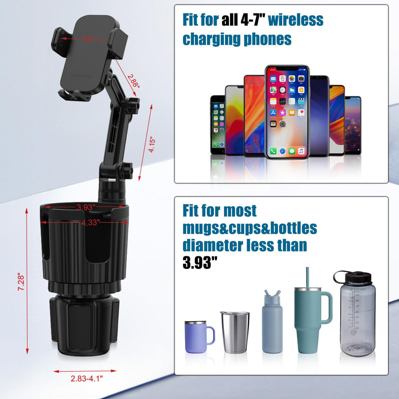 Wireless Car Charger Phone Mount Cup Holder, 3 in 1 15W Fast Charging Auto Clamping Cup Holder Expander for Car, Phone Holders for Your Car CupHolder Wireless Charger Compatible for All Smartphones