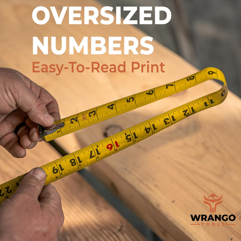 Wrango Tools 25 FT Tape Measure - Retractable Measuring Tape - Oversized & Double-Sided Print - Blade Lock, Finger Brake - Nylon Coating, 10' Stand-Out - 13' Reach / 1-1/16" Blade - 2 PACK 25 FT (2PK) Two Pack