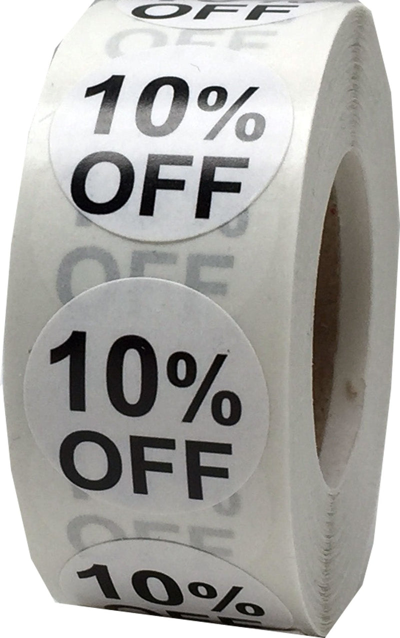 White 10% Percent Off Stickers for Retail – 3/4 Inch Round, 500 Semi-Gloss Adhesive Labels Per Roll for Promotions, Sales, Discounts, and Pricing – Made in The USA