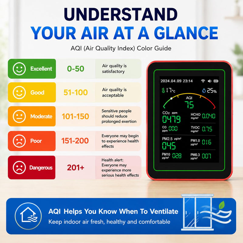 15-in-1 WiFi Indoor Air Quality Monitor with App, CO₂, TVOC, HCHO, PM2.5 and PM10 Monitor, Temperature and Humidity Display, Colour Display, Air Quality Alarm for Home and Office WiFi 15in1