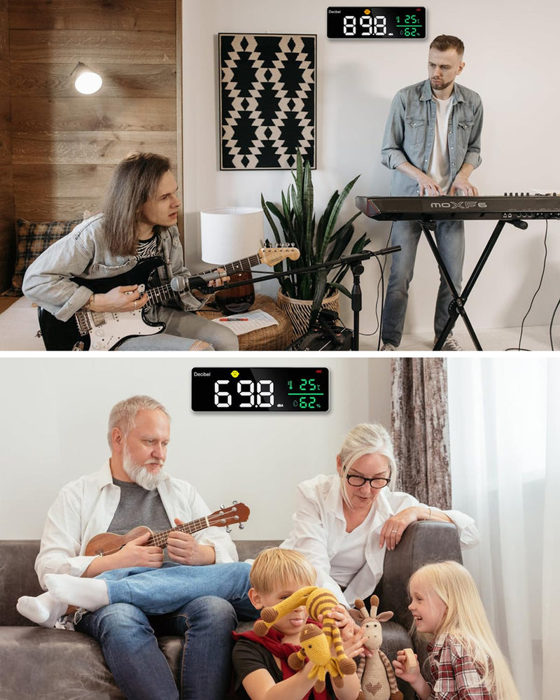 Digital Decibel Meter, 3-in-1 Sound Level Meter, Wall Hanging, Sound Level Meter with Temperature & Humidity, 30 ~ 130 dB, 11 Inch Large LED Screen, for Home, Baby Room, Library White