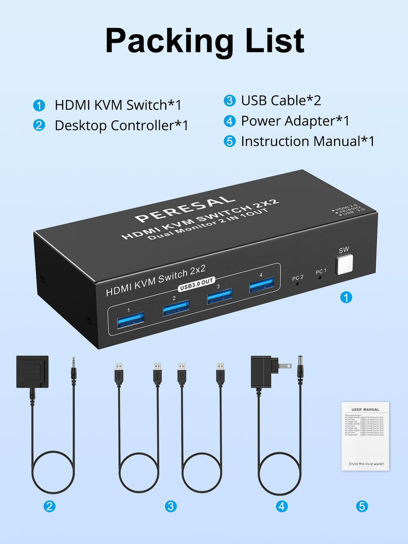 Dual Monitor HDMI KVM Switch, 2 Computers 4K60Hz Dual Monitor KVM Switches for Dual PC or Laptops,4 USB 3.0 Ports Support Extended/Copy Mode with DC 12V Adapter&Wired Controller
