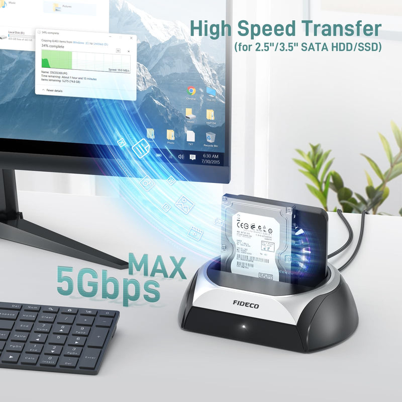 FIDECO Hard Drive Docking Station, M.2 NVME SSD Docking Station with Cooling Fan, Support 2.5 and 3.5 inch SATA HDD SSD, and M.2 NVME SATA SSD, Ultimate Heat Dissipation Black & Silver