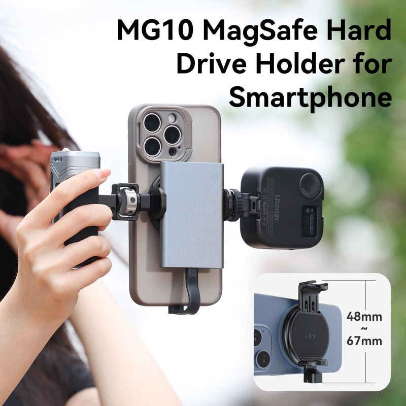 ULANZI MG10 Magnetic Phone Tripod Mount Adapter with Hard Drive Holder Clamp, Phone Tripod Mount Holder with Cold Shoe for iPhone 15 14 13 12 Pro Max Pro Plus Mini and MagSafe Case