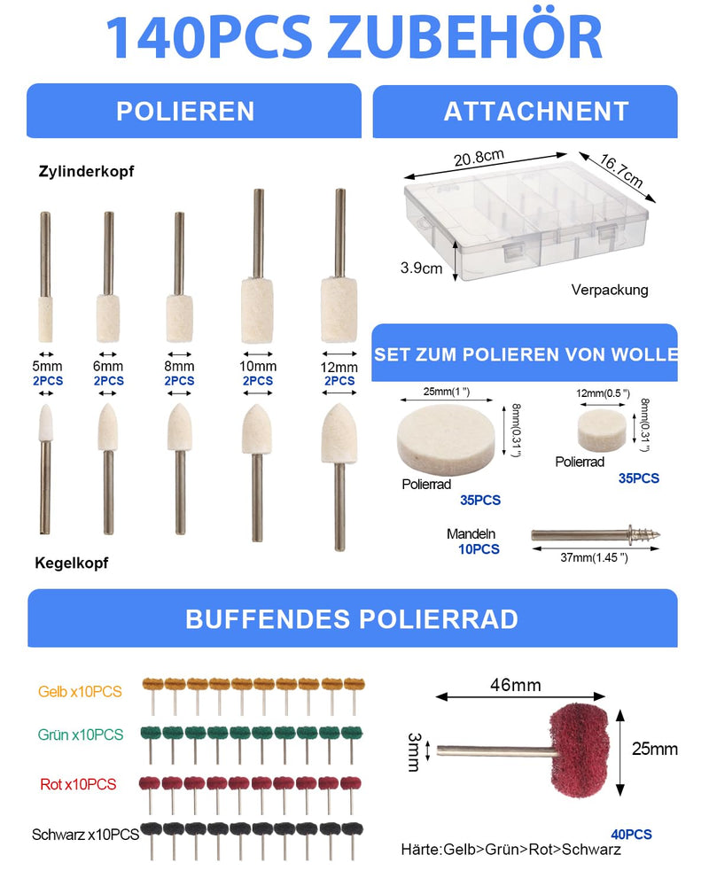 140 Pieces Multifunctional Wool Felt Polishing Bits for Dremel with Dremel Grinding Attachments, Wool Felt Polishing Wheel, Polishing Attachment, Cordless Screwdriver, for Metal, Bike, Wheel Hub, Includes Storage Box