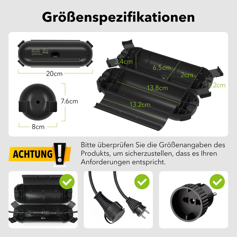 BN-LINK Outdoor IP44 Waterproof Safe Box, Garden Cable Box Waterproof for LED Chain, 20 x 8 x 7.6 cm, Protective Box for Extension Cable, Power Tool, Lawnmower (1PK Black) 1PK Black
