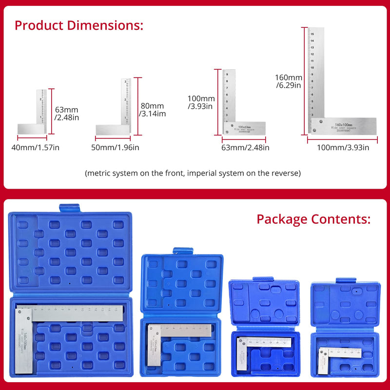 XUNTOP 4PCS Machinist Square 2, 3, 4 and 6 inch Squares Combinations, 90-Degree Right Angle Engineer Set Hardened Angle Ruler Hard Steel Construction Ideal for Precision Layout and Measurement Work