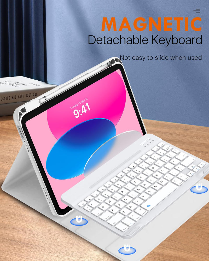 MoKo Keyboard Case for iPad 10th Generation Case with Keyboard, iPad 10th Generation Keyboard with Pencil Holder, Multi-Angle Detachable Bluetooth Keyboard for iPad 10th Generation, White