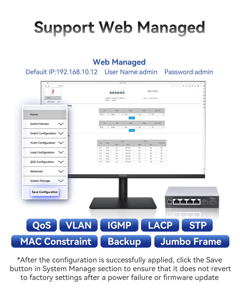 6-Port 2.5G Web Managed Ethernet Switch, VLAN/QoS/STP/IGMP/LACP Supported, Fanless Easy Smart 2.5Gb Network Switch, Aluminum Housing, Desktop/Wall-Mount