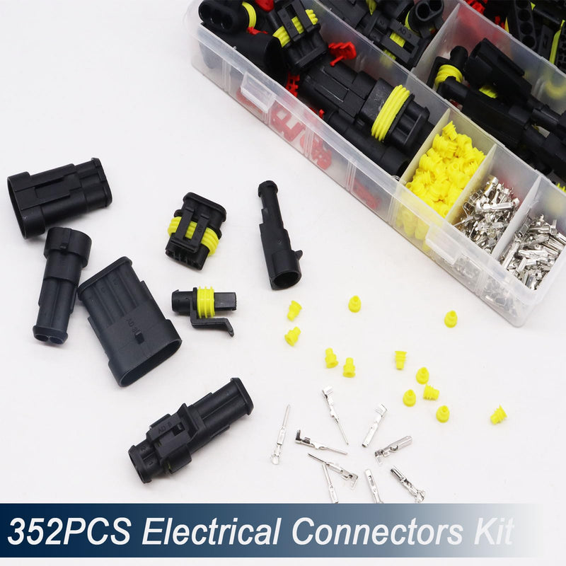 352Pcs Waterproof Electrical Connectors 1/2/3/4 Pin Connectors Automotive Wiring Connectors Kit Male and Female connectors for wiring O-103