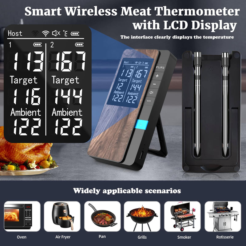 Wireless Meat Thermometer-Multi Sensors Digital Food Thermometer with Ultra-Thin Probes, Accuracy Smart Bluetooth Meat Thermometer for Steak, BBQ, Oven, Grill, Smoker,Recipes in App & Host 2 Probes