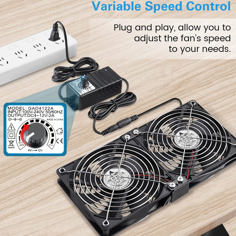 GDSTIME Big Airflow Dual 120mm Fans, 2x120mm 240mm Computer Fan with AC Plug, 110V 120V 220V 240V AC Powered with Variable Speed Controller 4V to 12V for Server Rack Cabinet Workstation Cooling 2* 120x120x25mm fan