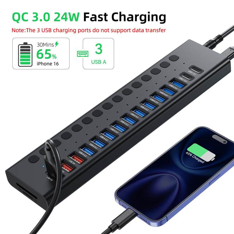 Powered USB Hub 10Gbps, 17 Ports 96W USB 3.2 Hub(10 USB-A 3.2 Ports+3 QC 24W Fast Charging Ports+2 USB-C 3.2 Ports+SD/TF Card Reader), 12V/8A Power Adapter for Laptop, PC, Computer, HDD,Flash Drive Black