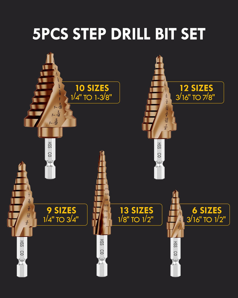 M35 Cobalt Step Drill Bit Set with Automatic Center Punch, 1/8" to 1-3/8", 6 PCS Step Drill Bit for Stainless Steel, Metal, Aluminum, Copper, Wood, PVC 1/8"-1-3/8"(M35)(6Pcs)