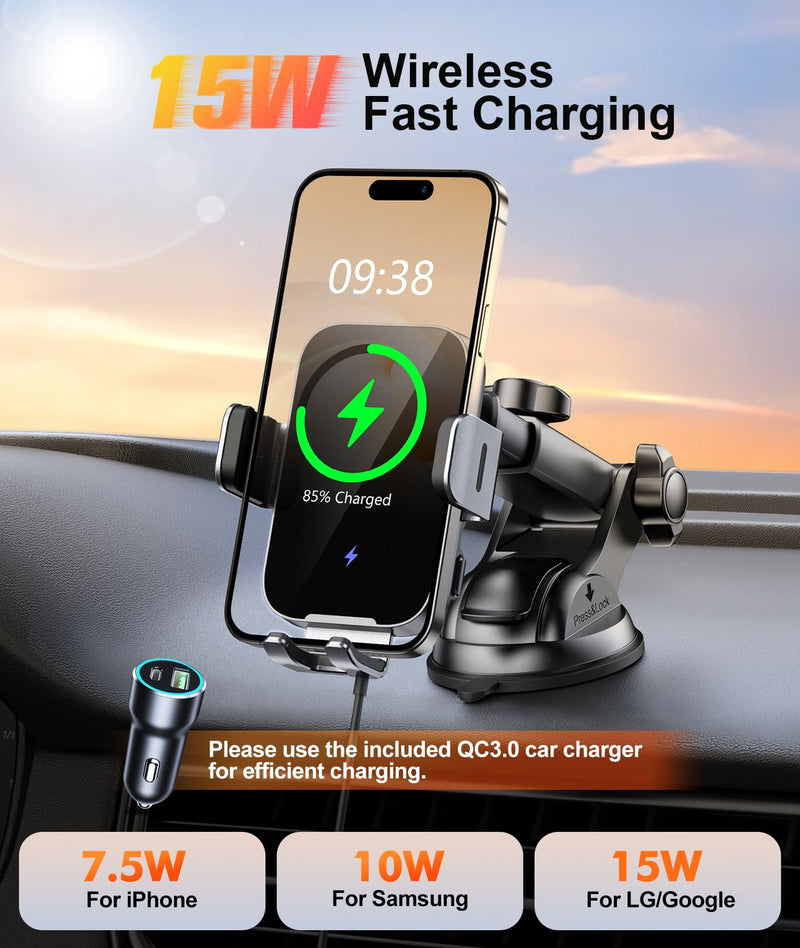 Wireless Car Charger Mount Auto Clamping, 15W Fast Charging Car Phone Holder Charger for Dash Windshield Vent Compatible with iPhone 15 14 13 12 Pro Max, Samsung Galaxy S24+ S23 Ultra S22 S21+