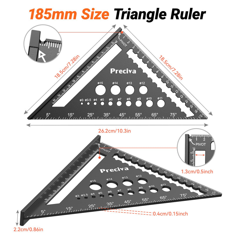 Carpenter's Square Set, Multifunctional Try Square Metal Aluminium Ruler Angle Guide 18 cm + 30 cm Carpenter's Square Carpenter's Angle Protractor Angle 45 and 90 Degree Angle Marking Gauge black 18cm+30cm