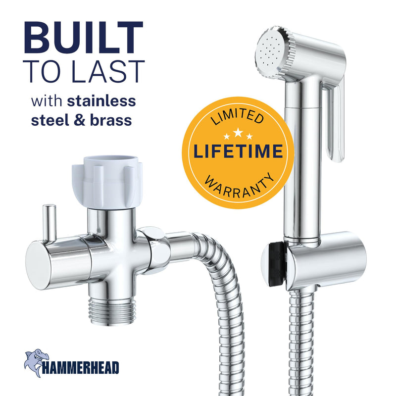 HammerHead Showers Solid Metal Adjustable Pressure Handheld Bidet Sprayer for Toilet, Handheld Bidet Attachment with 47-Inch Hose and Leak-Proof T-Valve, Jet Spray for Toilet, Muslim Shower, Chrome